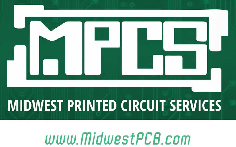 Logo for Midwest Printed Circuit Services highlights MPCS in bold, block letters against a green background with a circuit pattern. Below, Midwest Printed Circuit Services and the URL www.MidwestPCB.com are displayed in green, emphasizing their expert printed circuit services.
