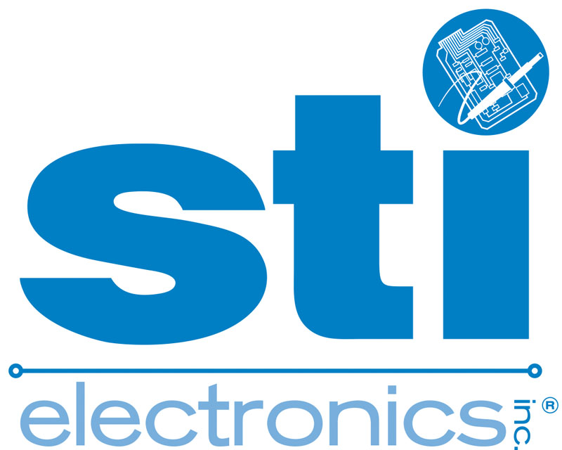 Logo of STI Electronics Inc. featuring the text sti in large blue letters, highlighting their expertise in electronics manufacturing. Above the text is a circular icon showing a simplified electronic circuit, and below, electronics inc. is elegantly written in smaller blue font.